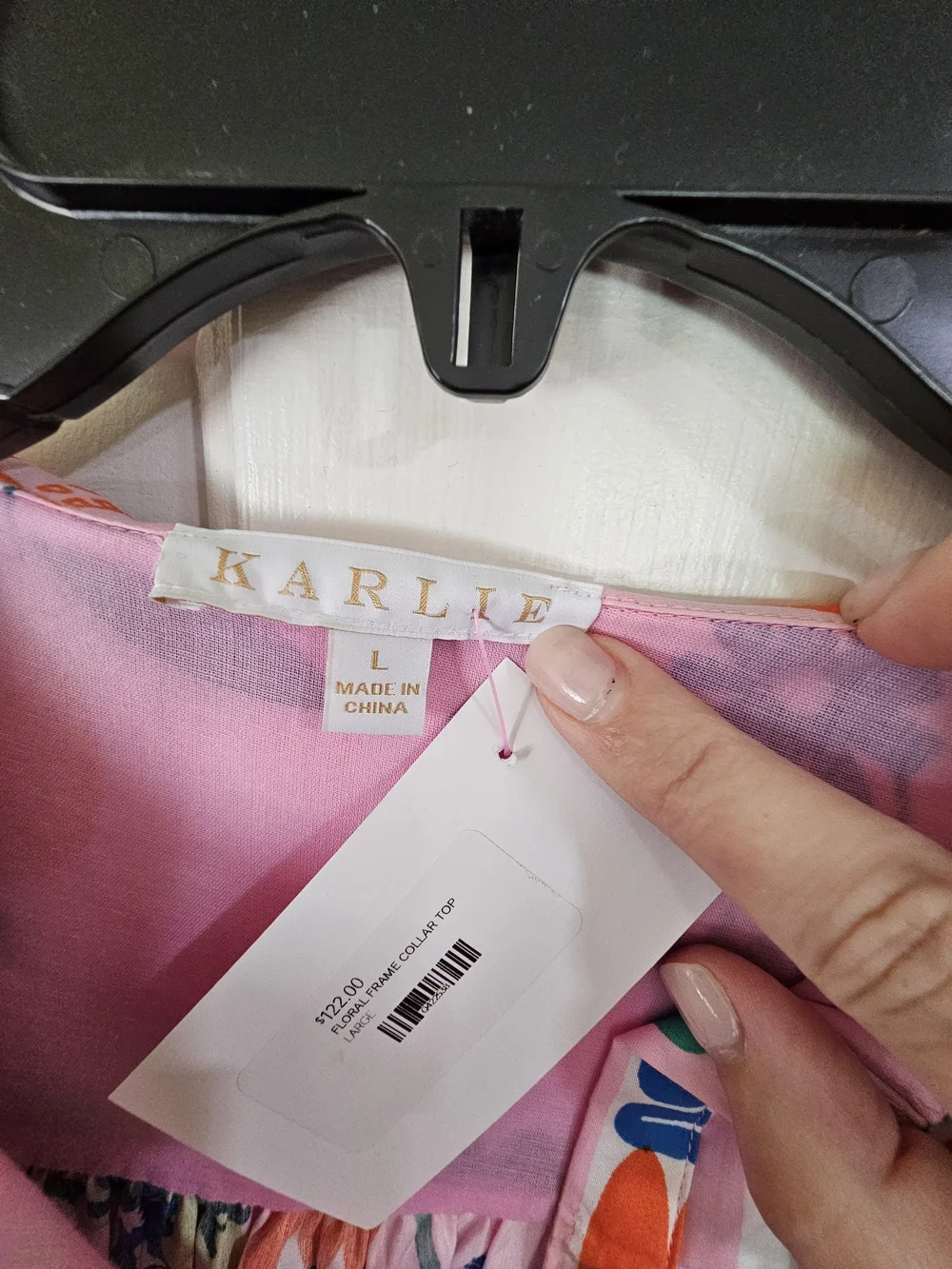 Karlie Pink Floral Graphic Peasant Blouse with Statement Collar Size Large - Picture 3 of 6